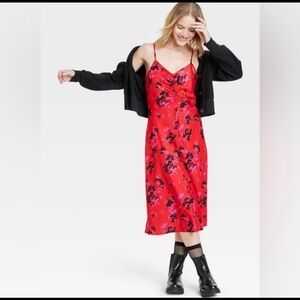 A New Day Satin Floral Strappy Ruched Neck Dress Large